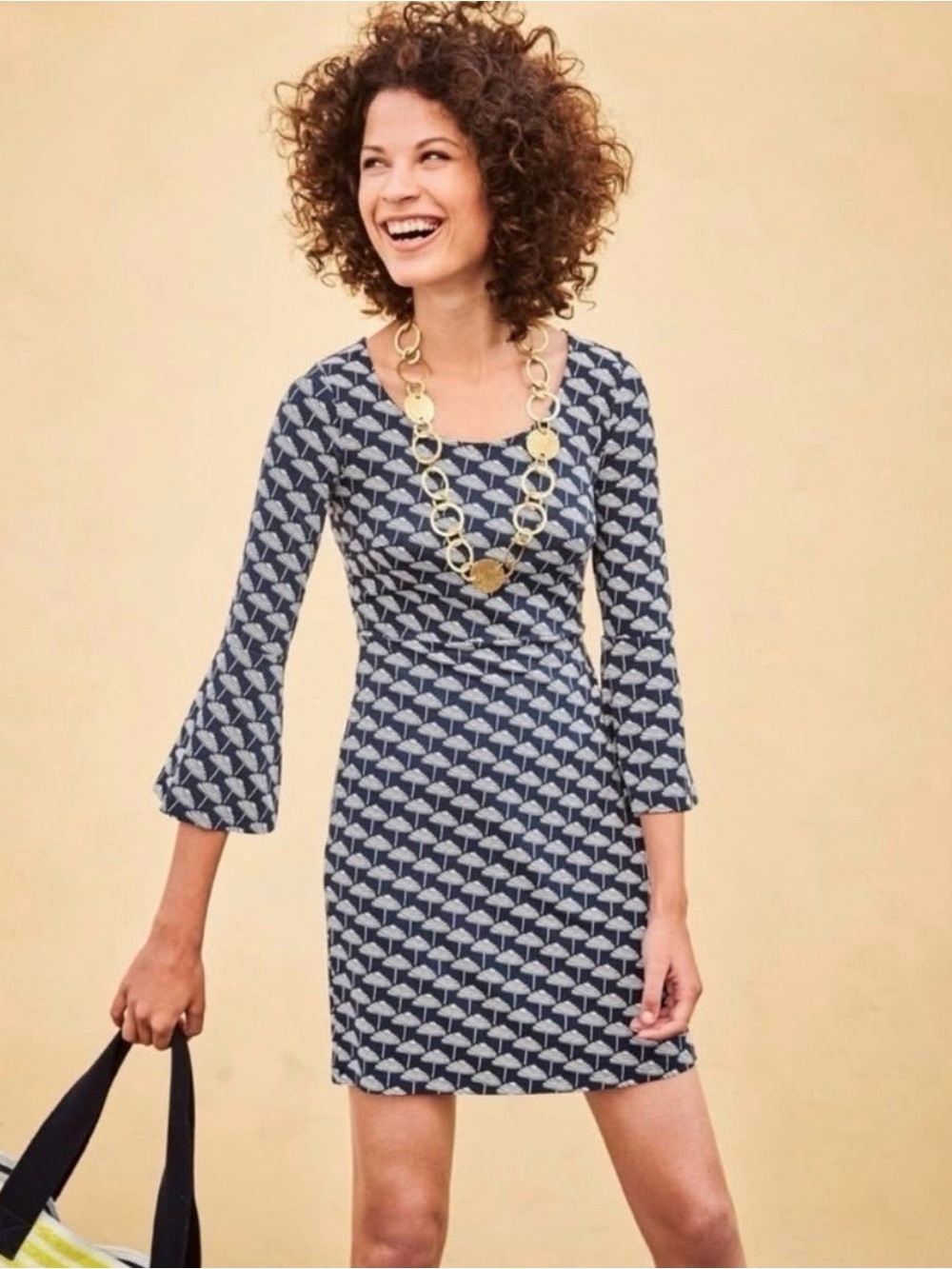 Boden Miriam Stretch Jersey Tunic Dress Parasol ☂️ Print Bell Sleeve